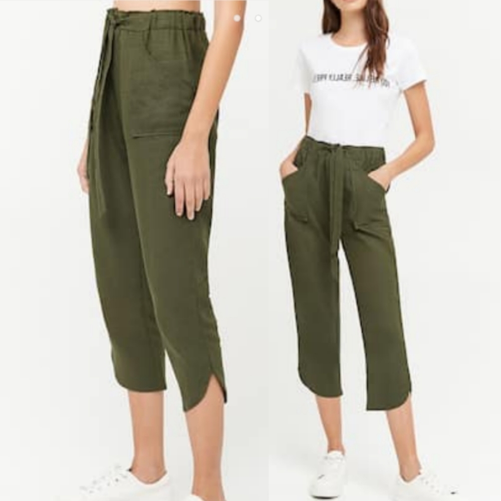 F21 Olive Linen Drawstring High Waist Capri Pant NWT Sz L